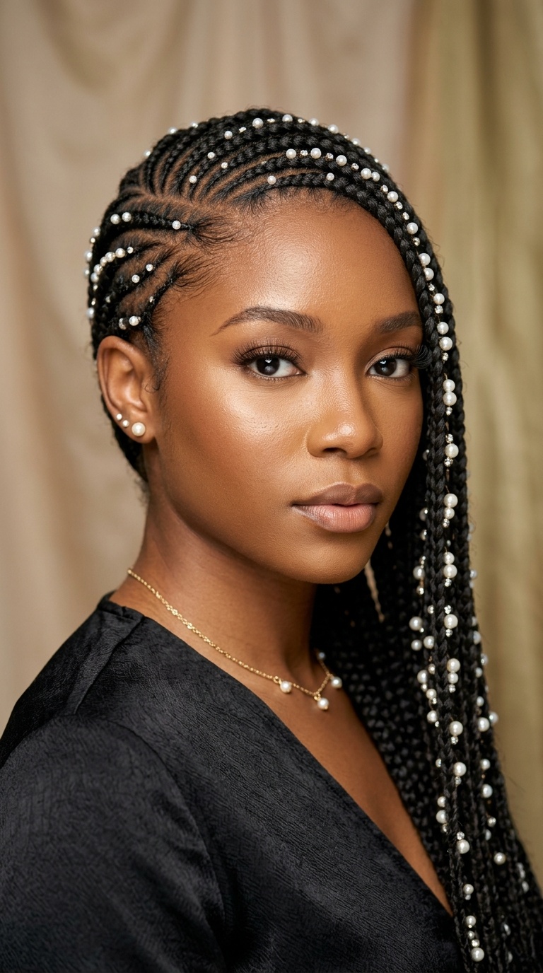 Side-Swept Cornrows with Pearl Accents