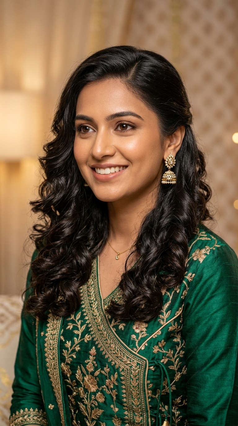 Side-Swept Curls for Angrakha Outfits