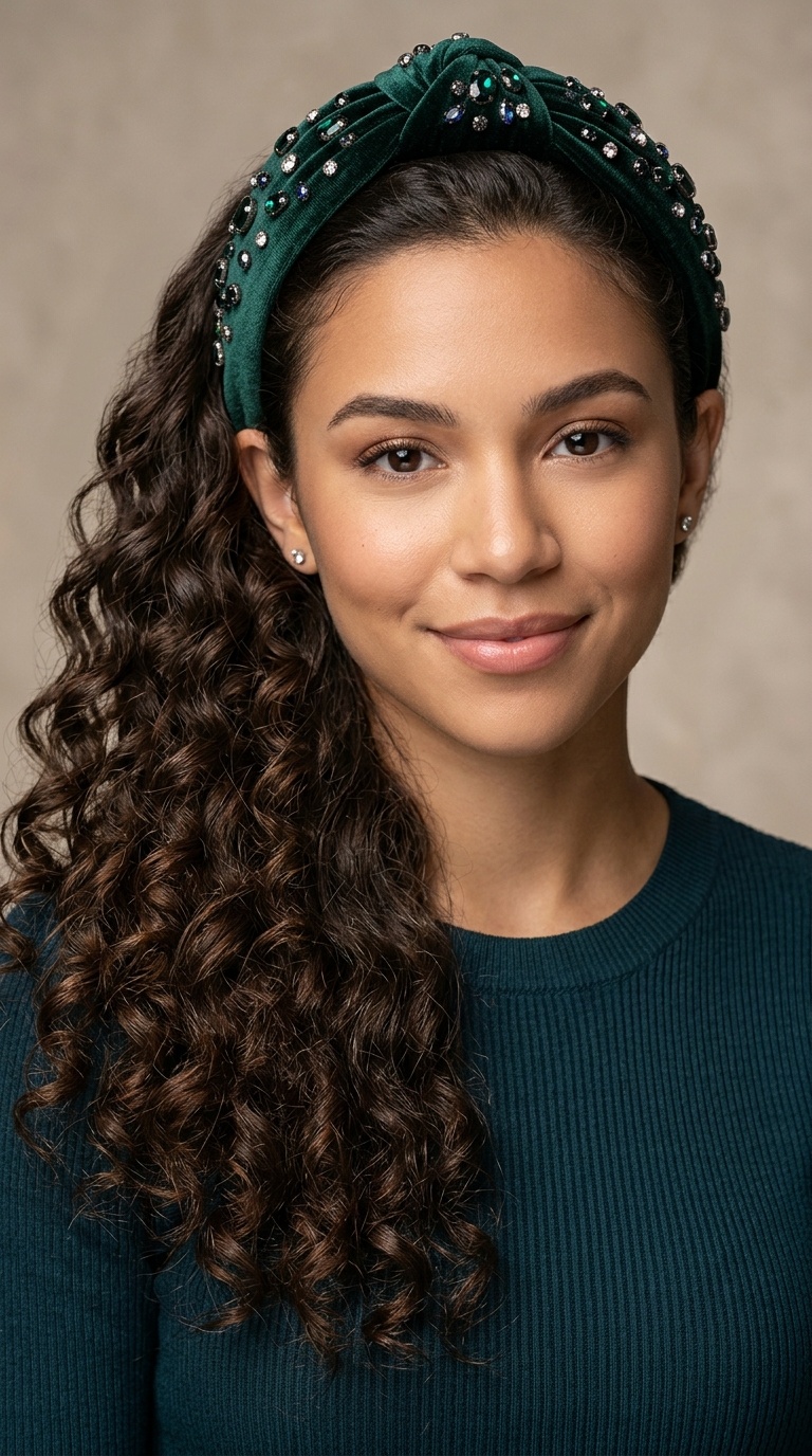 Side-Swept Curls with a Jewel-Toned Knotted Band