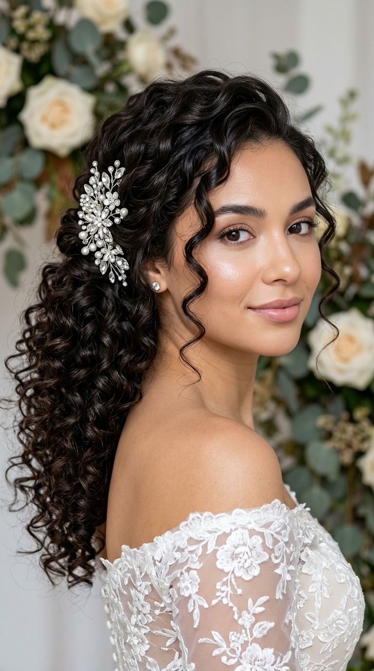 Side-Swept Curls with a Jeweled Pin