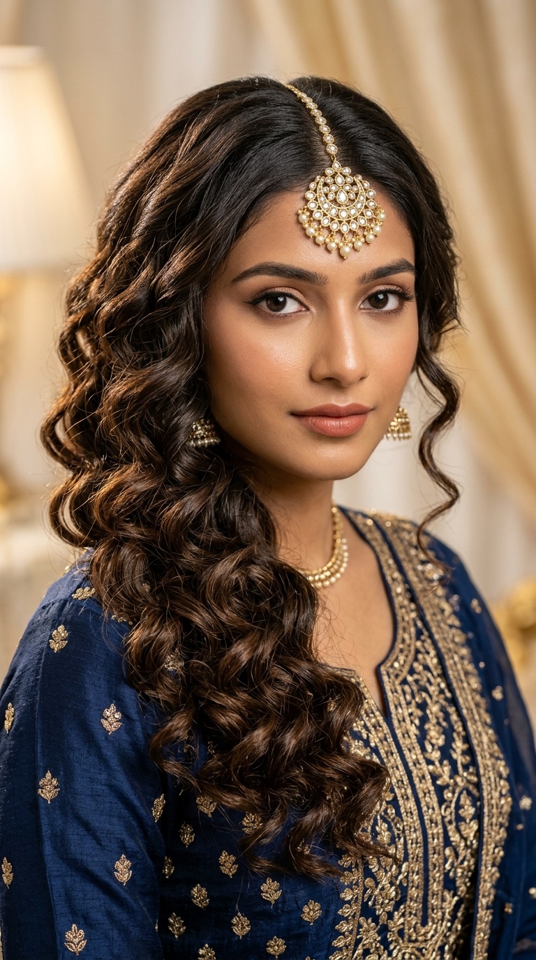 Side-Swept Curls with a Maang Tikka
