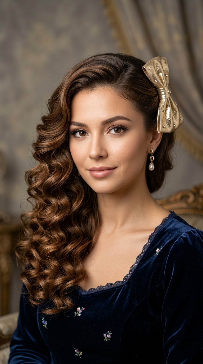 Side-Swept Curls with a Metallic Bow