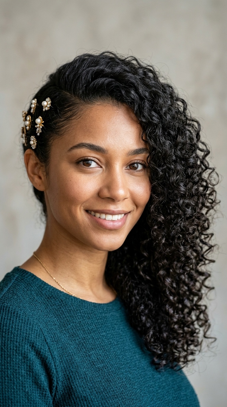 Side-Swept Curls with Decorative Pins