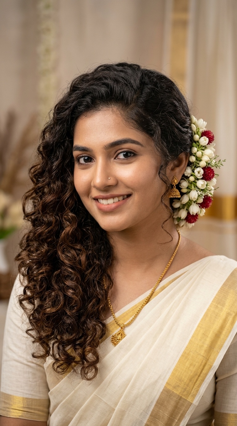 Side-Swept Curls with Floral Tucking