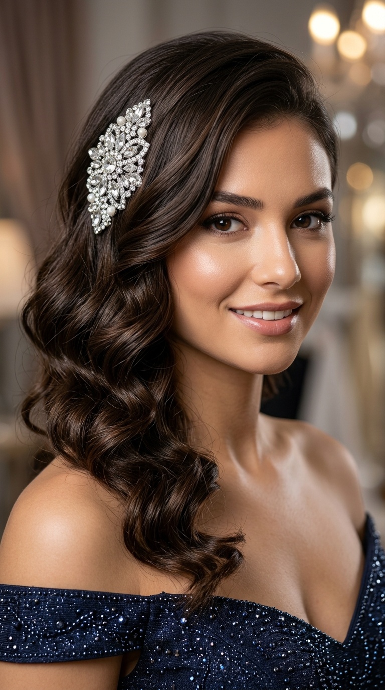 Side-Swept Curls with Glitzy Clip