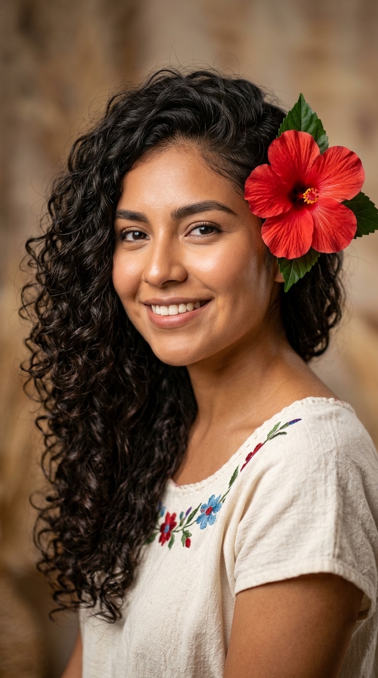 Side-Swept Curls with Hibiscus Bloom