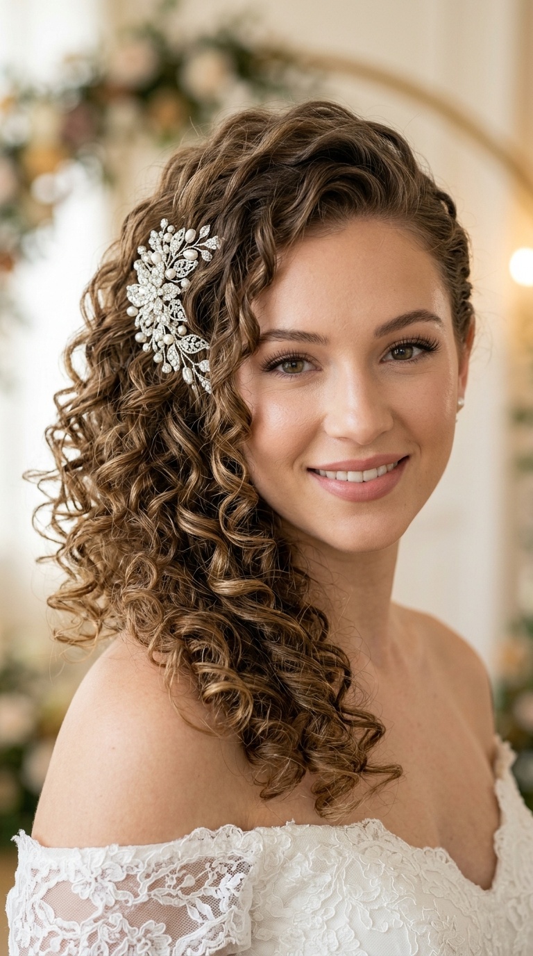 Side-Swept Curls with Jeweled Pin