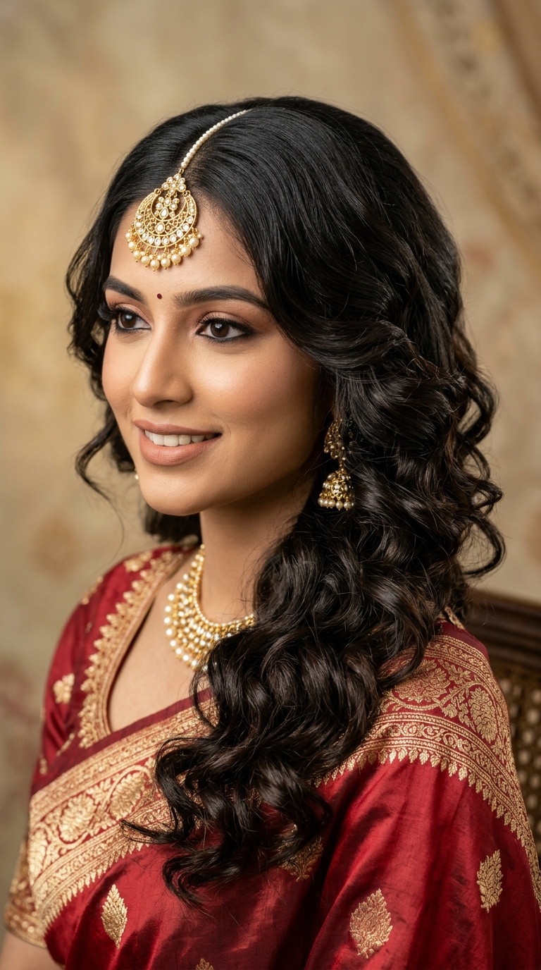 Side-Swept Curls with Maang Tikka