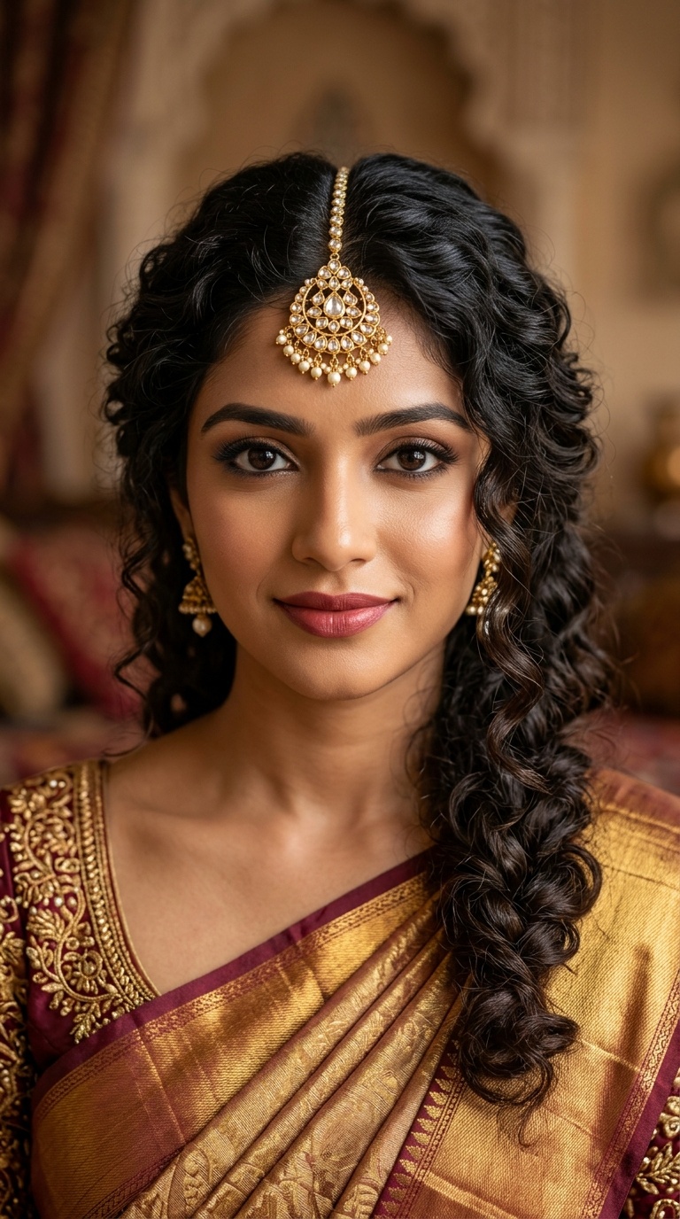 Side-Swept Curls with Maang Tikka