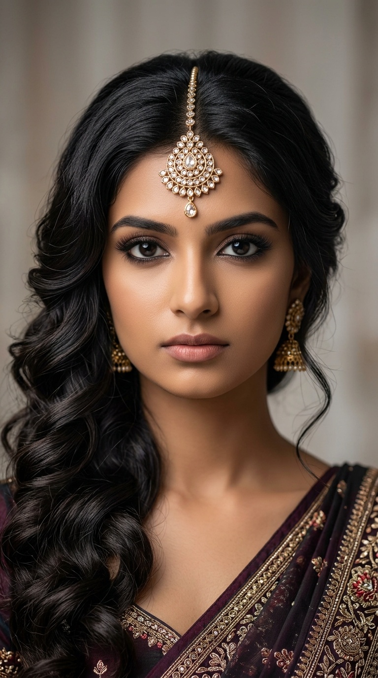Side-Swept Curls with Maang Tikka
