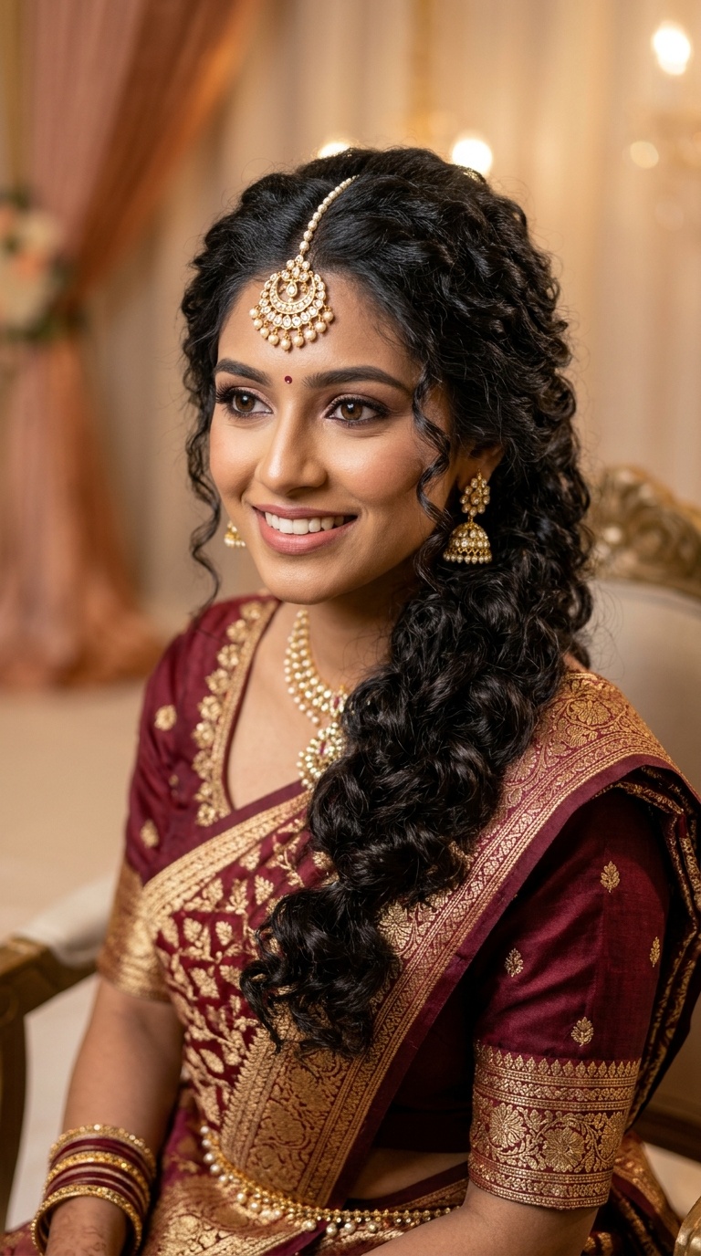 Side-Swept Curls with Maang Tikka