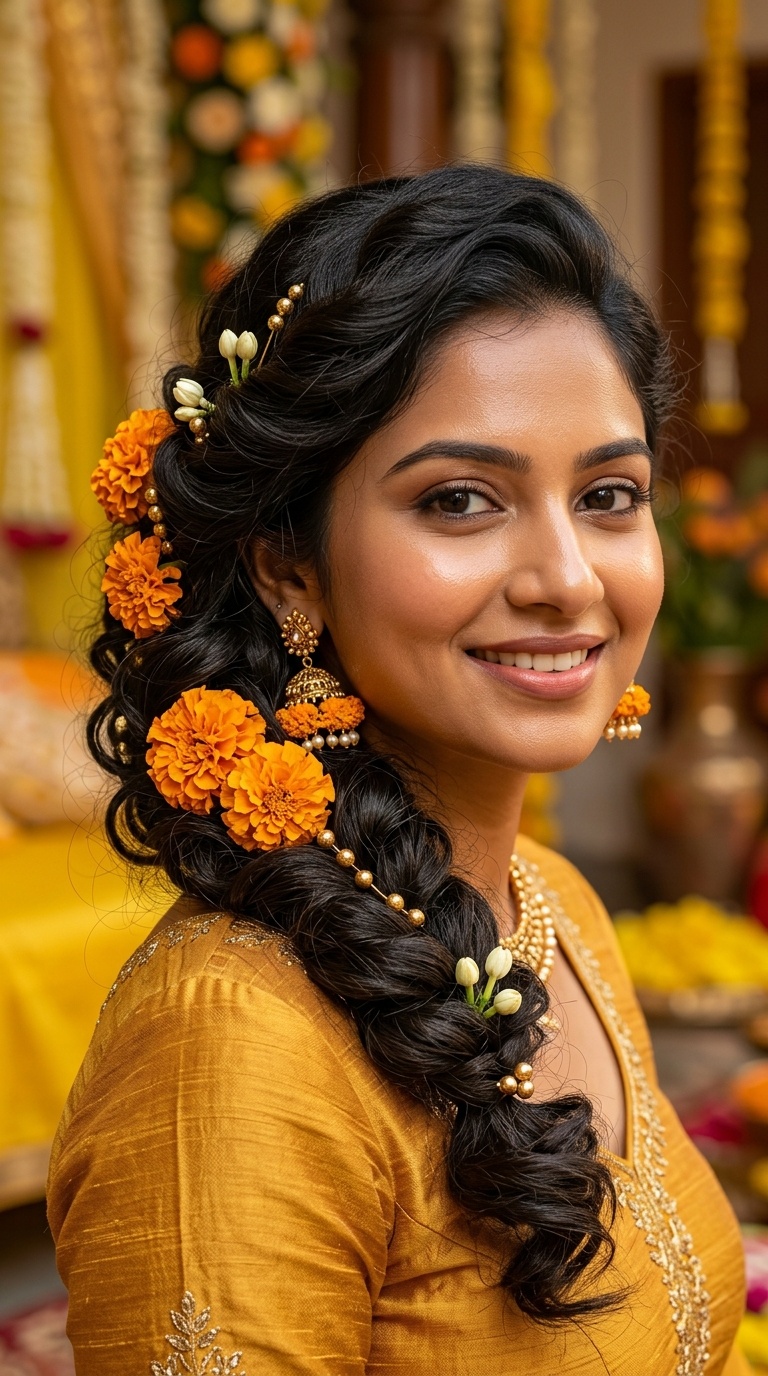 Side-Swept Curls with Marigold Pins