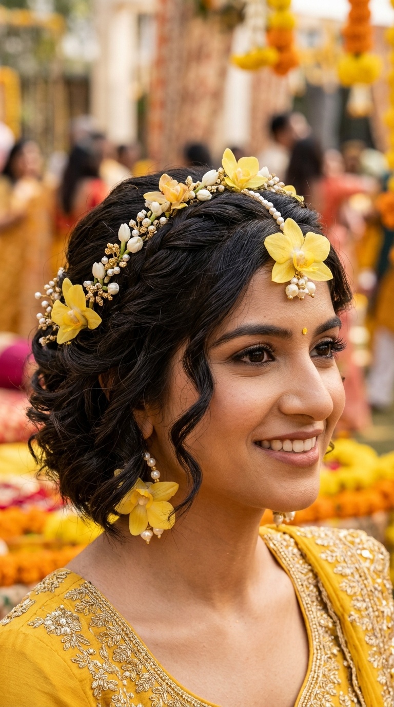 Side-Swept Curls with Orchid Accent Tiara