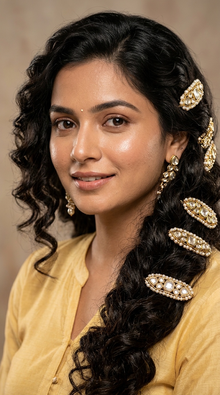Side-Swept Curls with Polki Clips