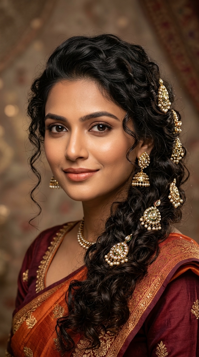 Side-Swept Curls with Polki Pins