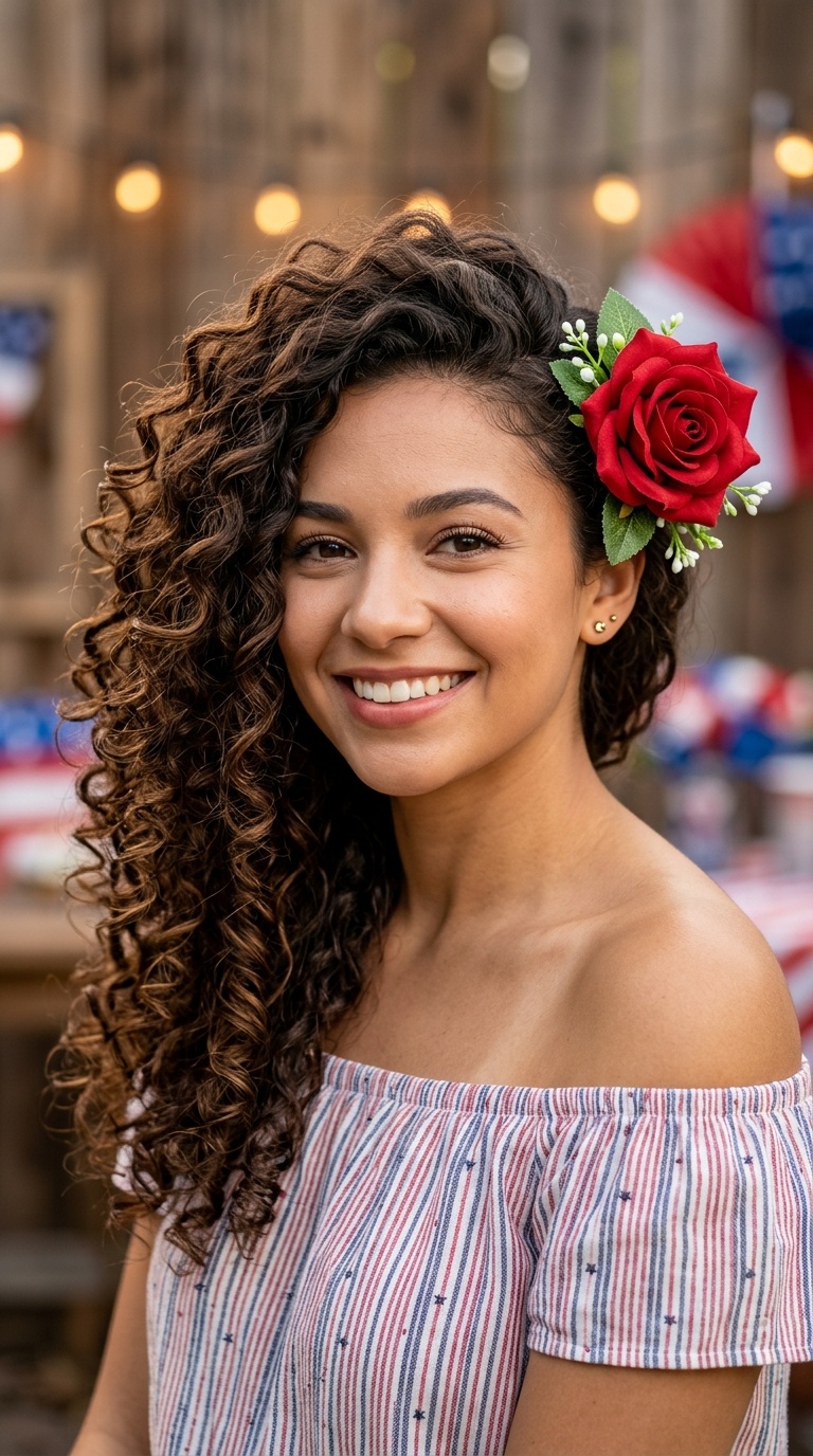 Side-Swept Curls with Red Flower