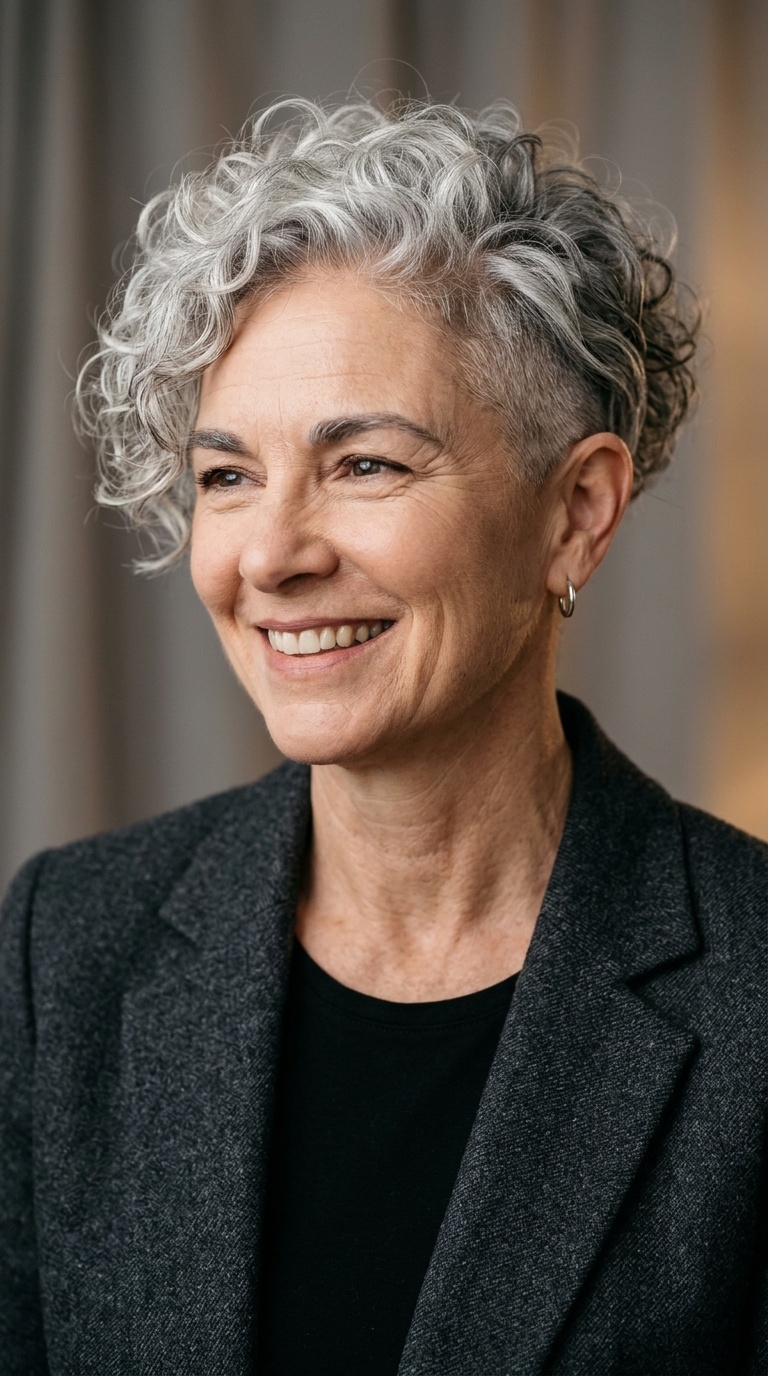 Side-Swept Curly Pixie with Undercut