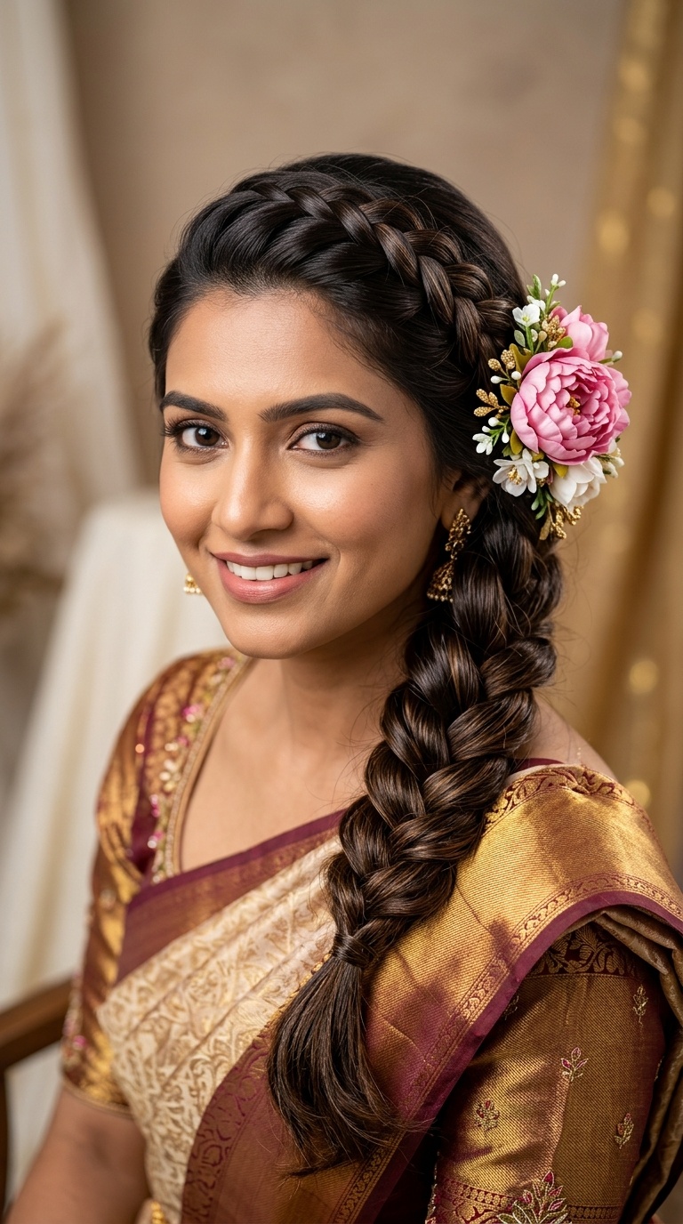 Side-Swept Dutch Braid with Statement Peony Clip