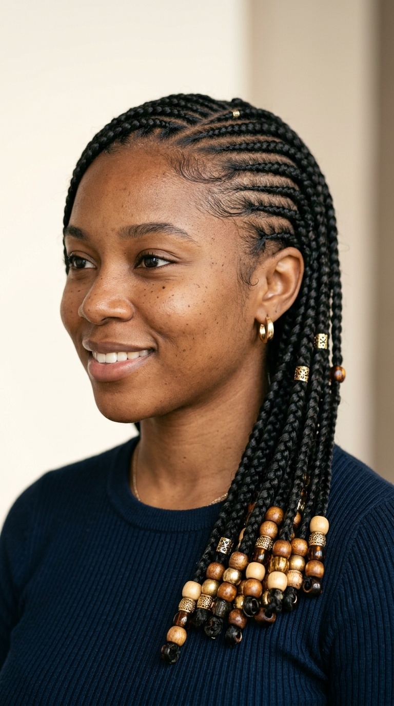 Side-Swept Feed-in Braids with Beads
