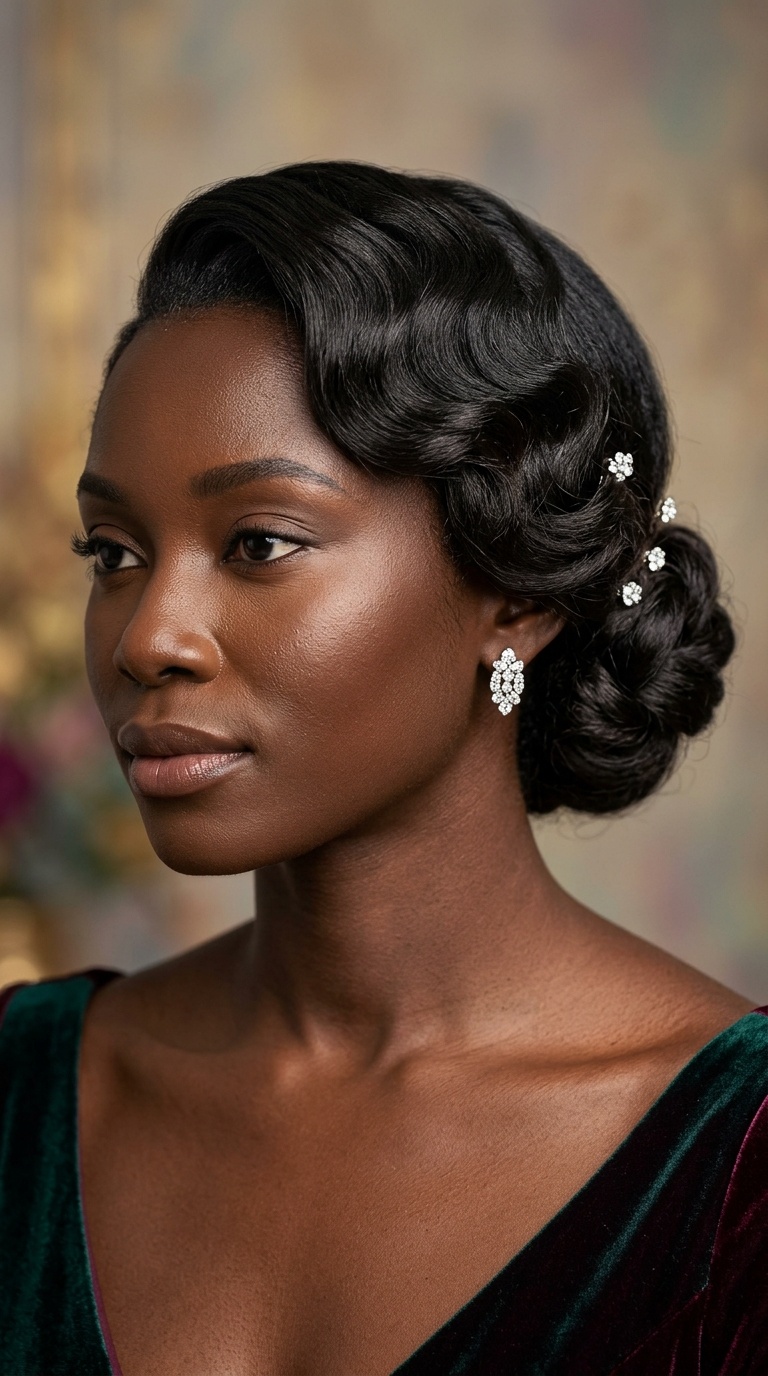 Side-Swept Finger Waves with a Low Chignon