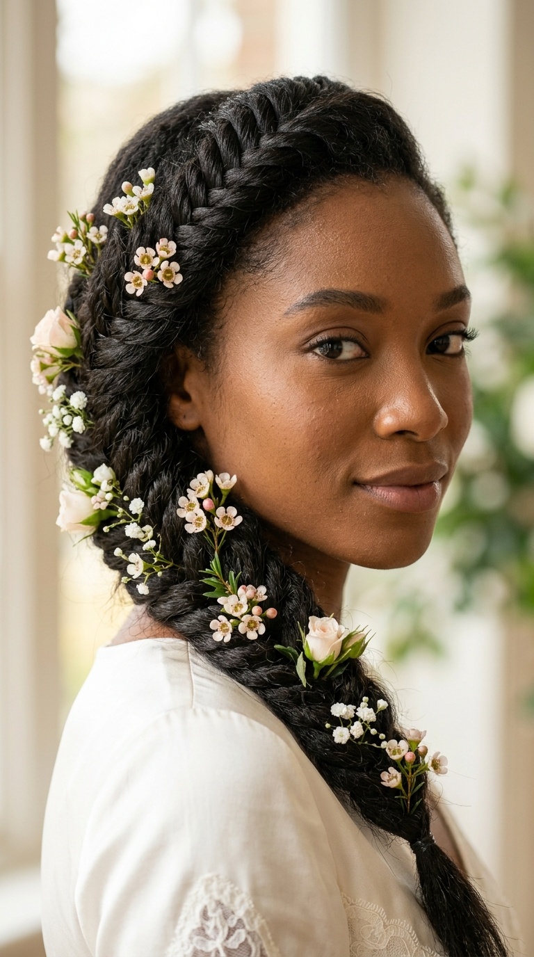Side-Swept Fishbone Braid with Floral Tucks