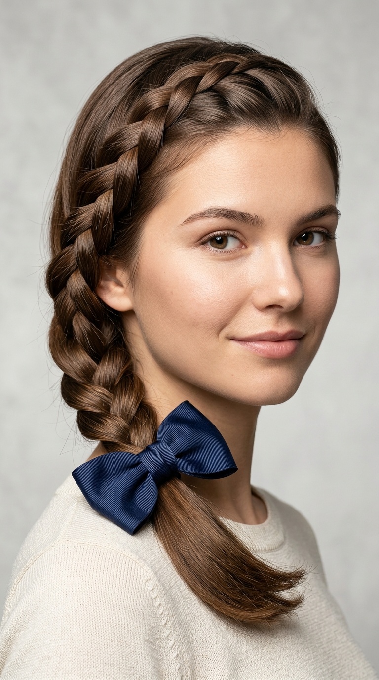 Side-Swept French Braid with a Silk Bow