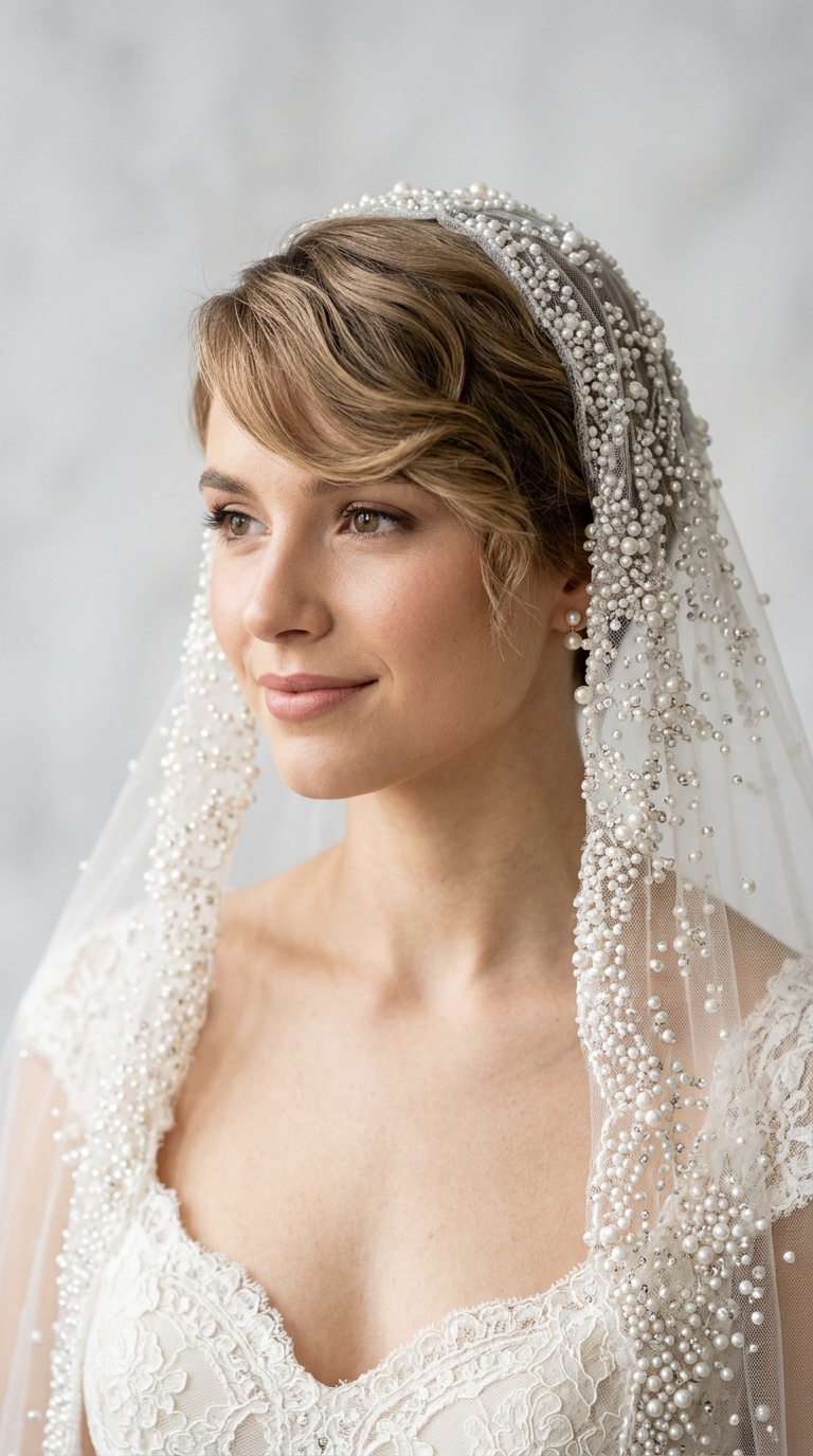 Side-Swept Fringe with Pearl-Encrusted Veil