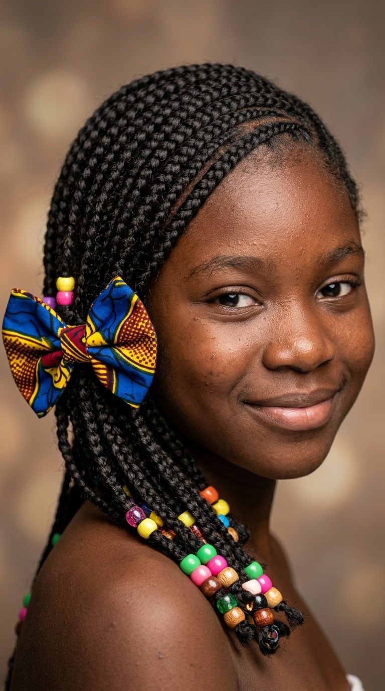 Side-Swept Ghana Braids with a Large Bow