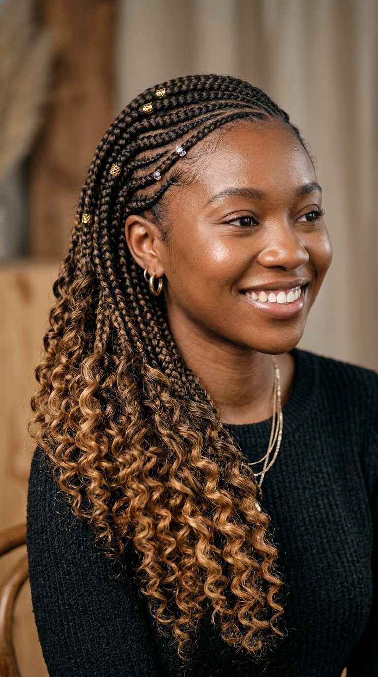 Side-Swept Goddess Braids with Ombre Curls