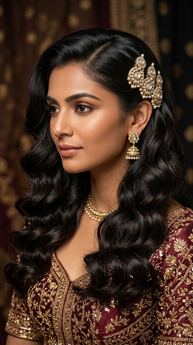 Side-Swept Hollywood Curls with Polki Clips