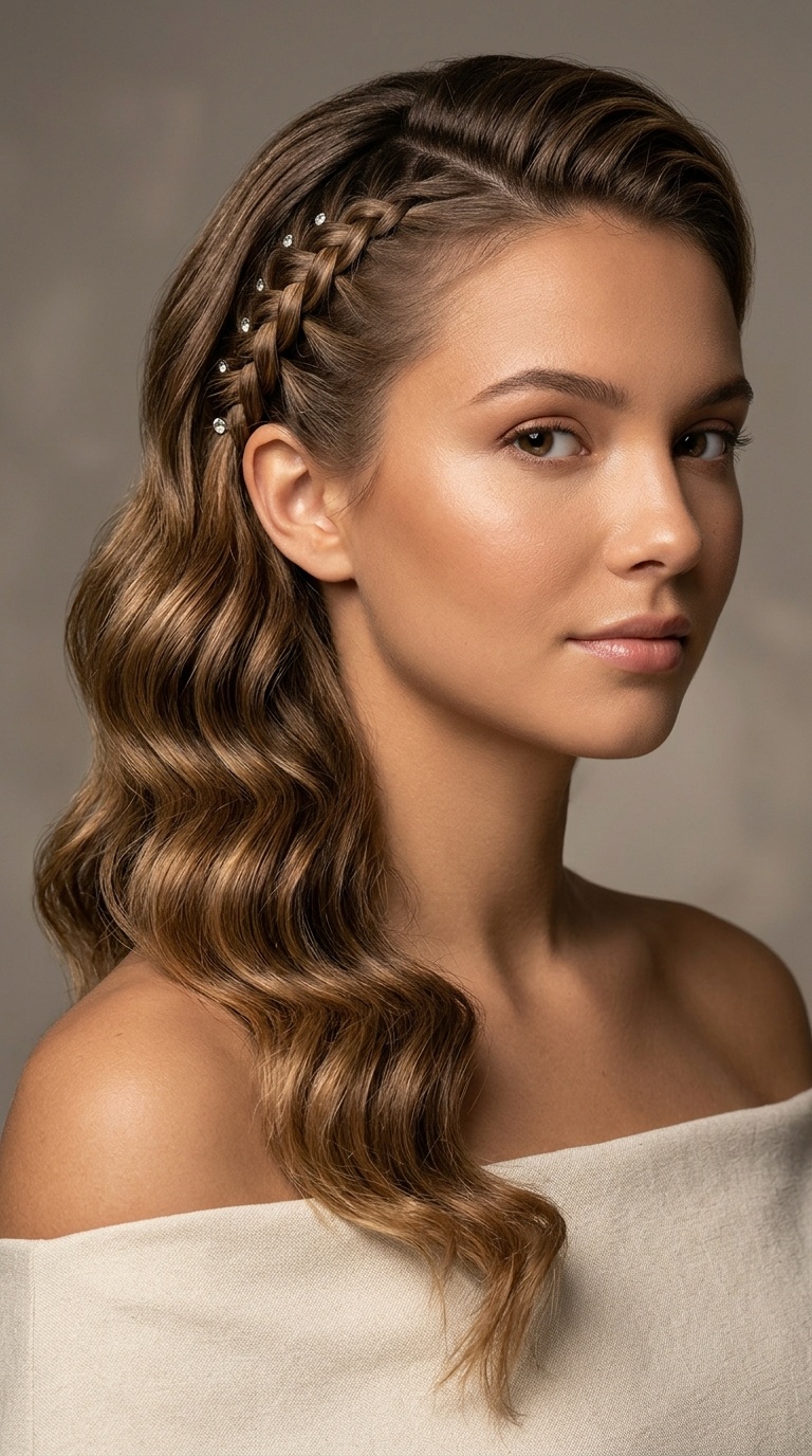Side-Swept Hollywood Waves with Braided Side-Pin