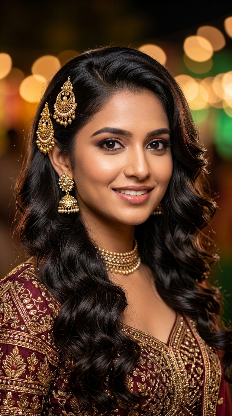 Side-Swept Hollywood Waves with Jhumka Pins