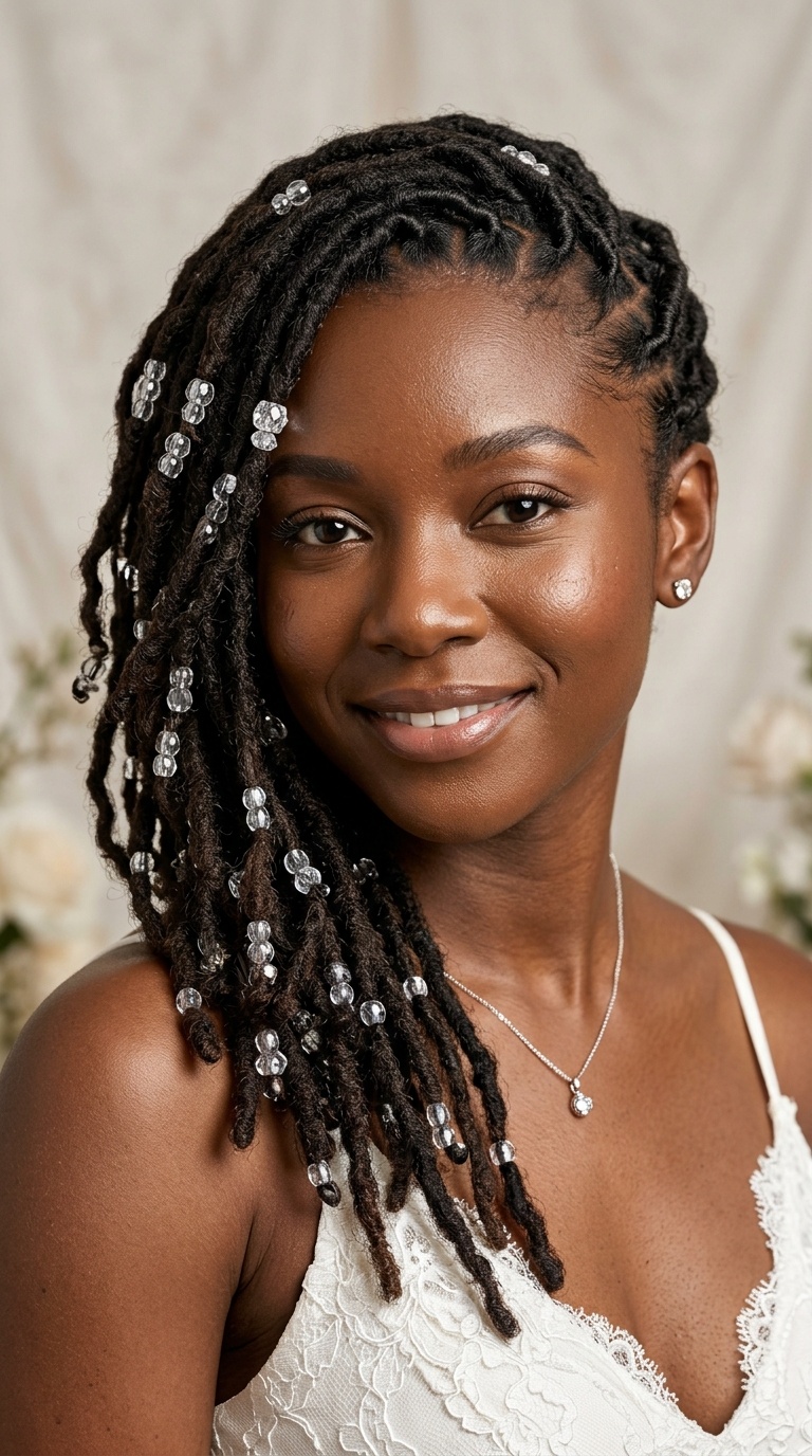 Side-Swept Locs with Crystal Gems