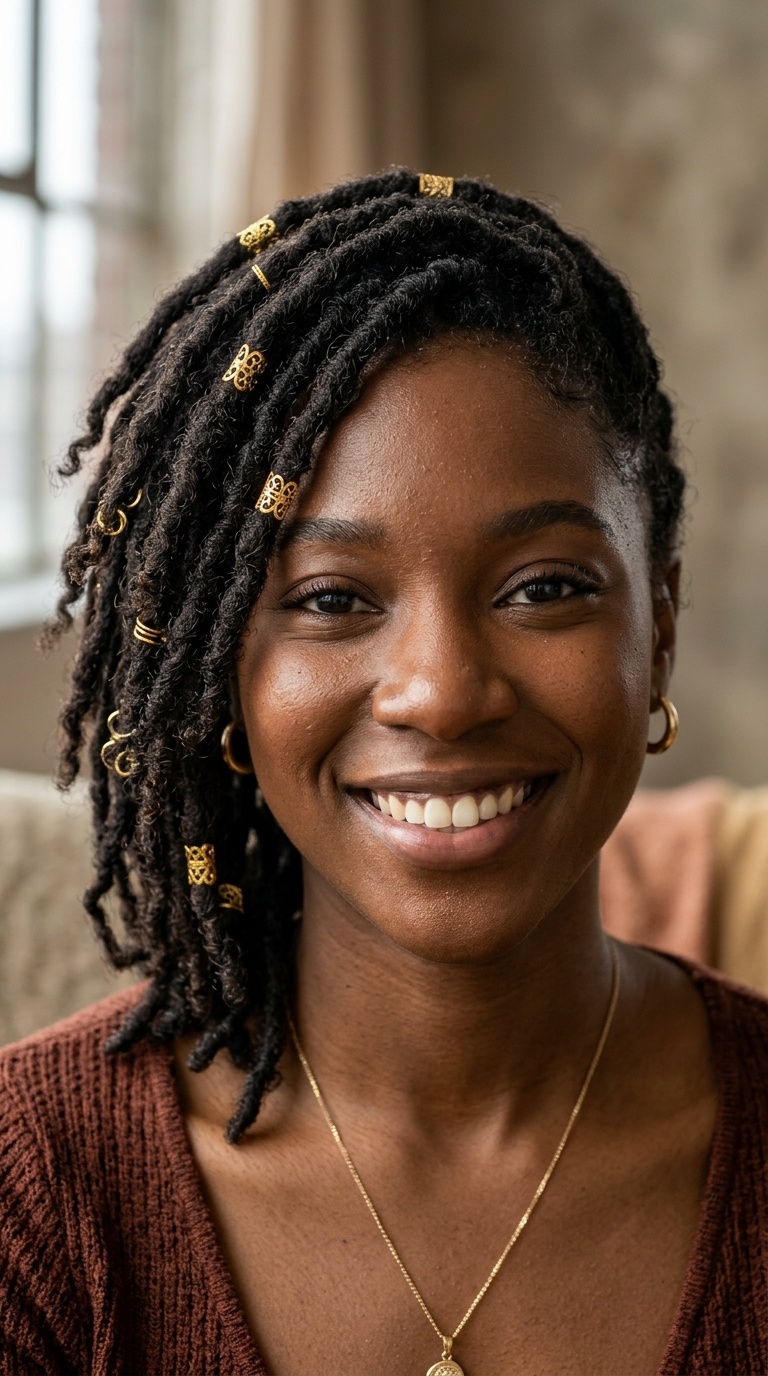 Side-Swept Locs with Gold Cuffs