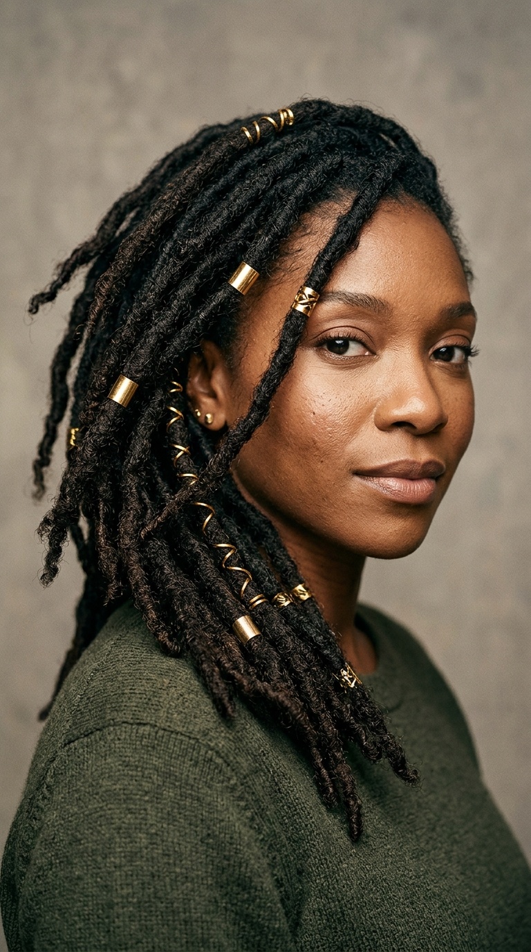 Side-Swept Locs with Gold Cuffs