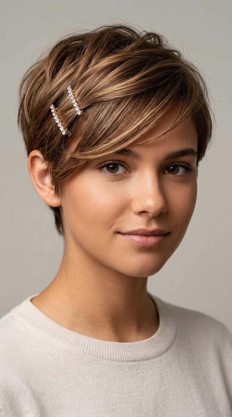 Side-Swept Pixie with Barrettes