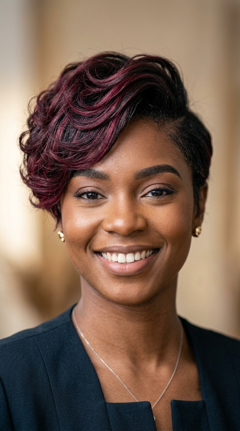 Side-Swept Pixie with Burgundy Highlights