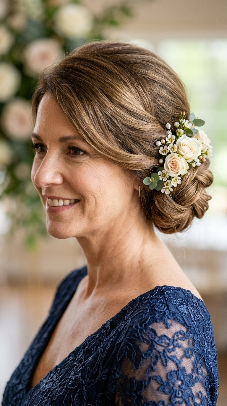 Side-Swept Soft Bun with Floral Accents