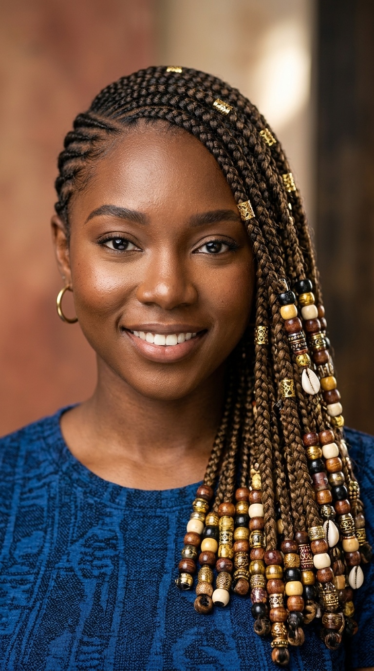 Side-Swept Tribal Braids with Heavy Beading