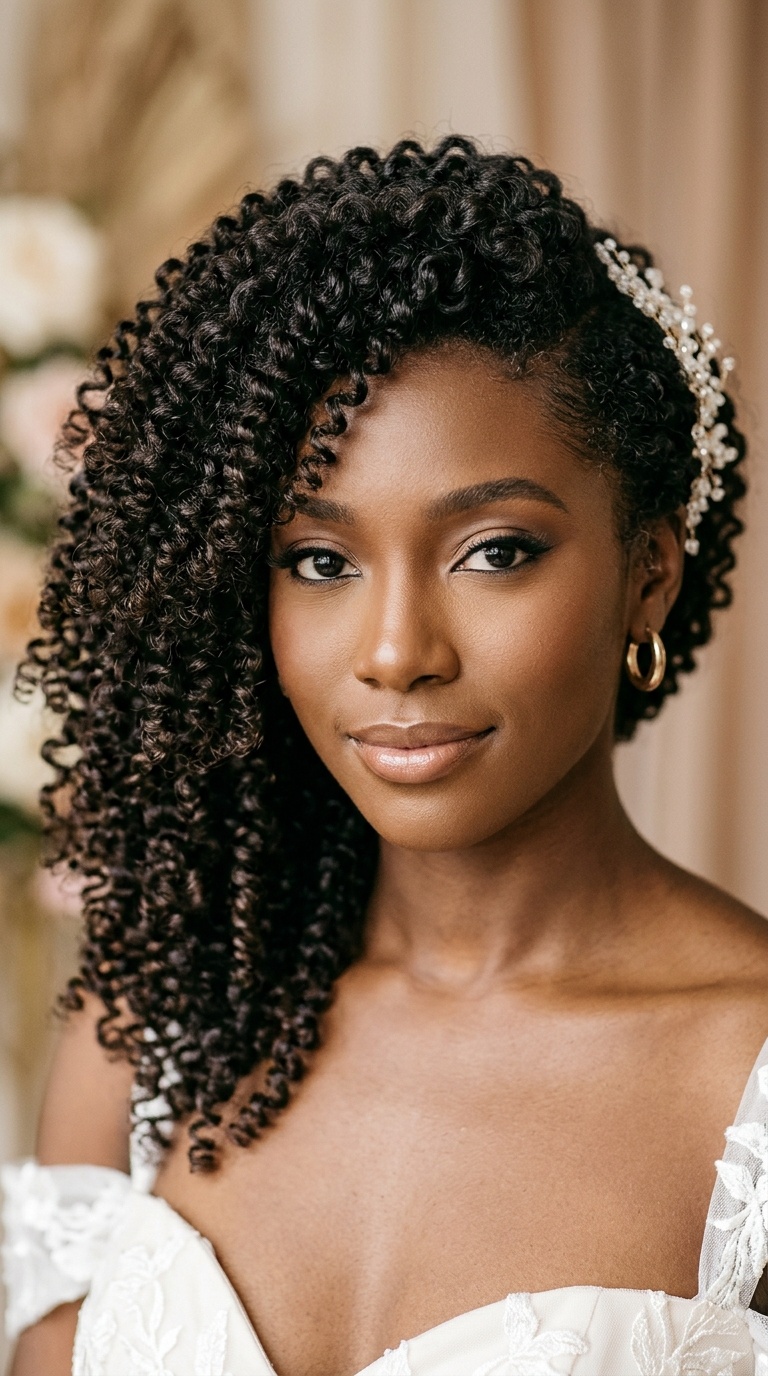 Side-Swept Voluminous Corkscrew Curls