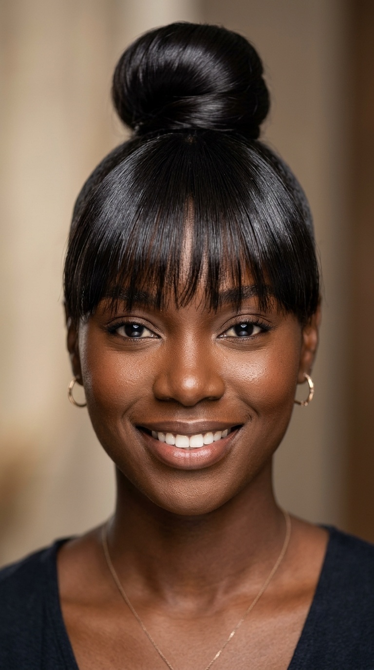 Silk Pressed Top Knot with Bangs