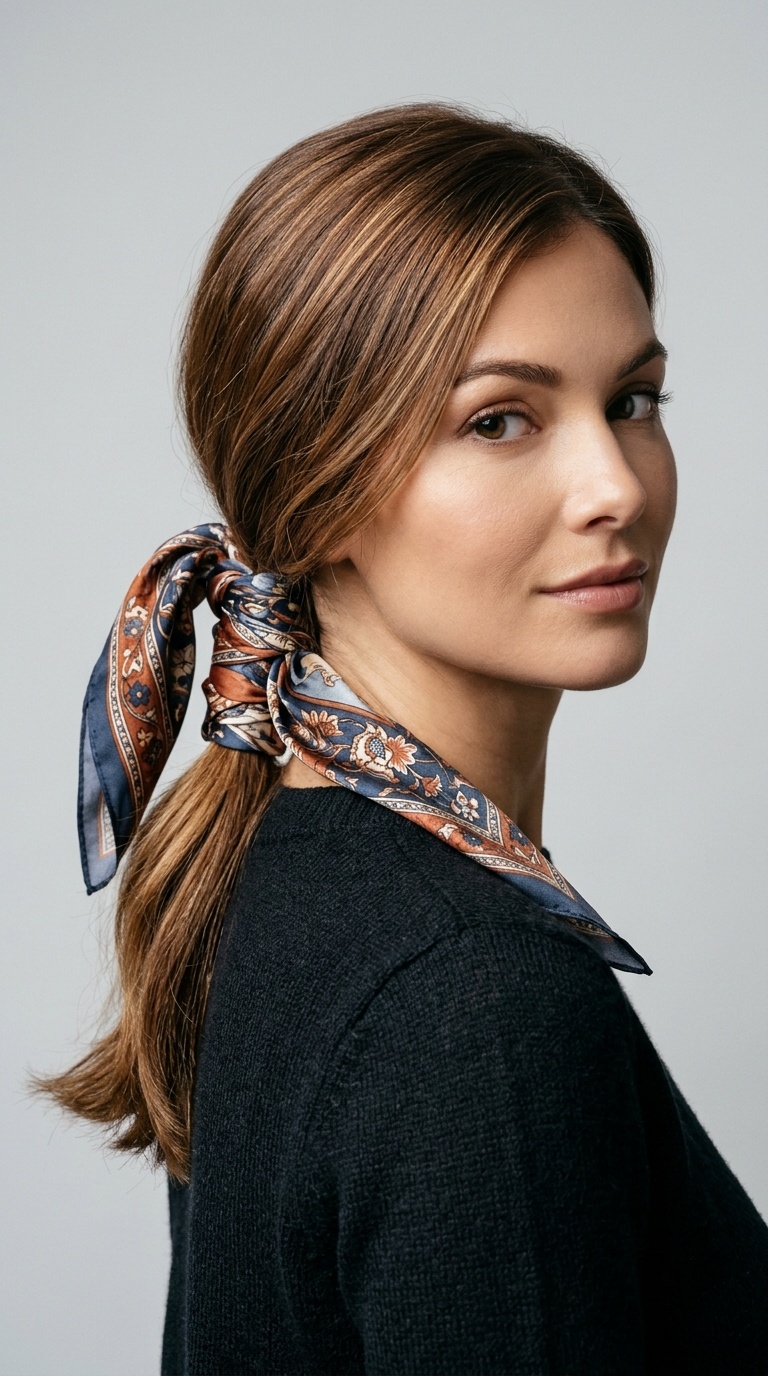 Silk Scarf Wrapped Low Ponytail