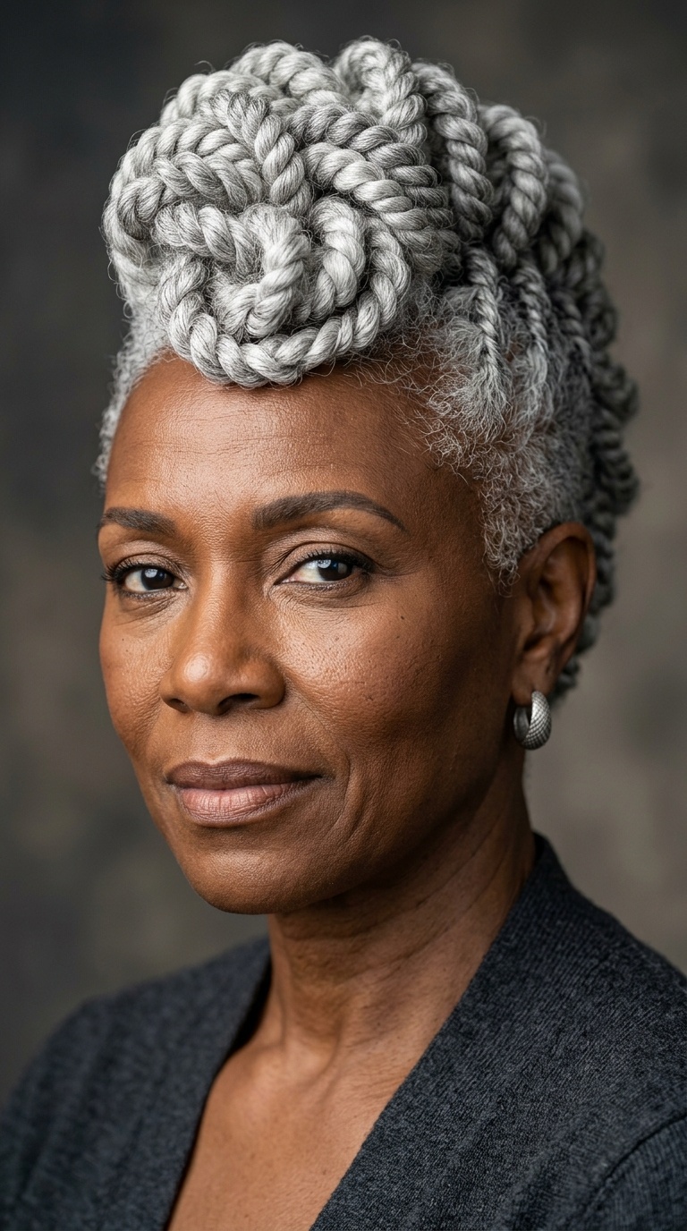 Silver-Toned Coiled Mohawk for Mature Elegance