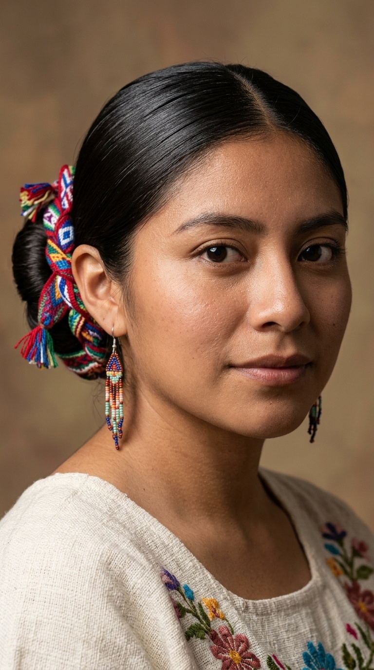 Sleek Back Bun with Traditional Huipil Ties