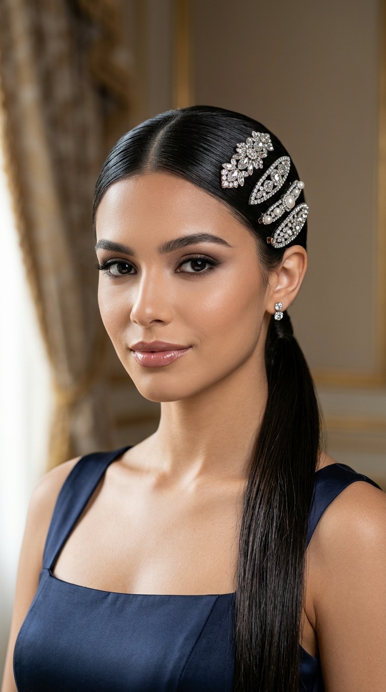 Sleek Back with Jeweled Clips