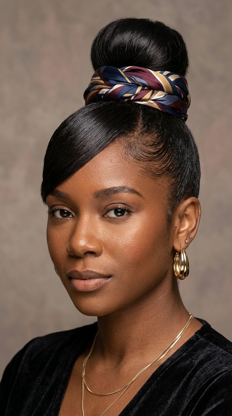 Sleek Ballet Bun with Scarf-Integrated Swoop