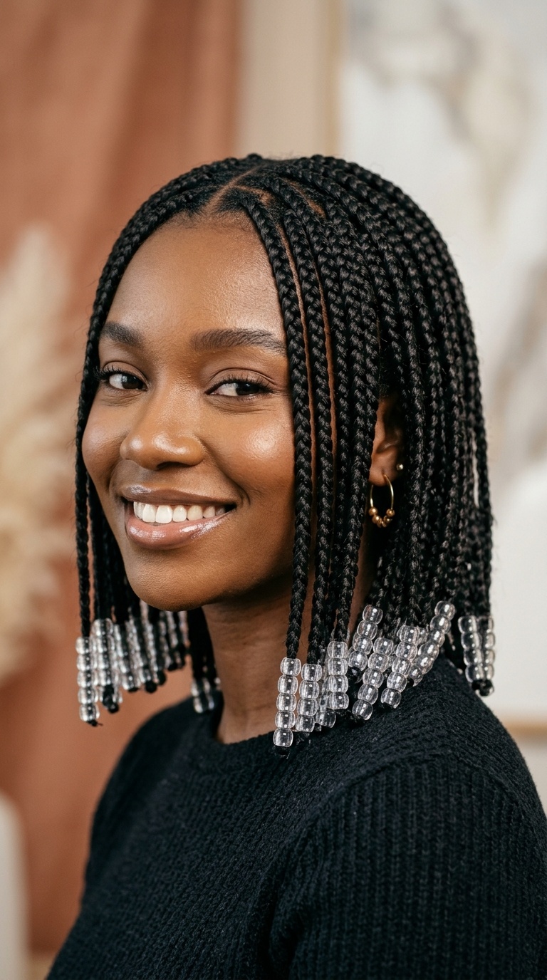Sleek Bob Braids with Transparent Glass Beads