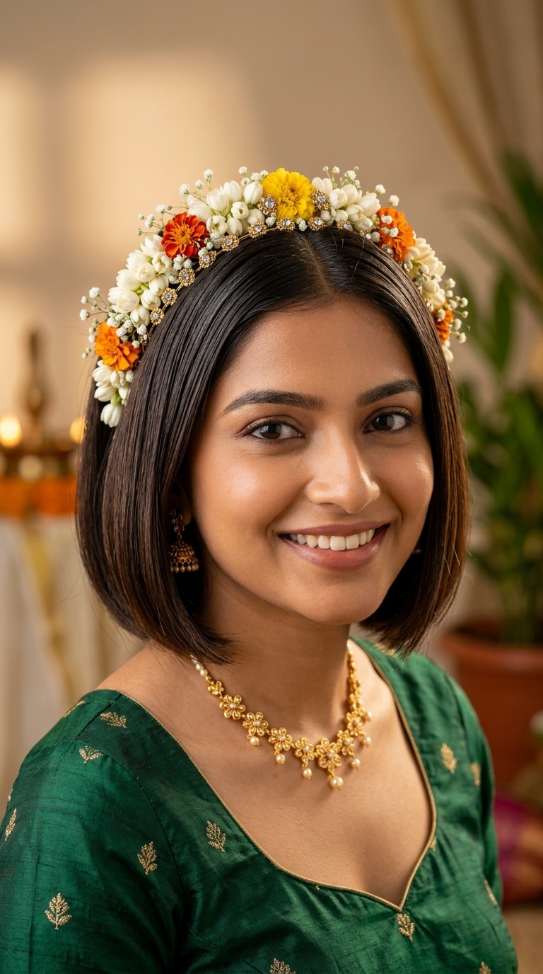 Sleek Bob with Floral Tiara