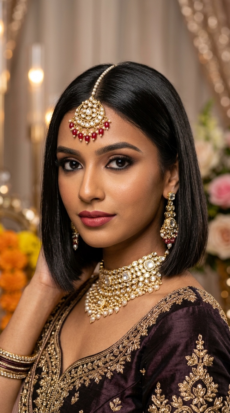Sleek Bob with Polki Maang Tikka