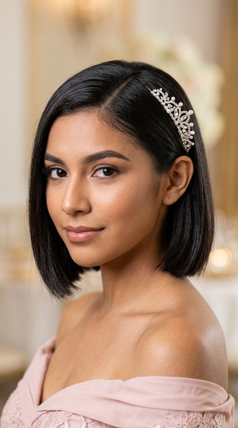 Sleek Bob with Side-Pinned Tiara